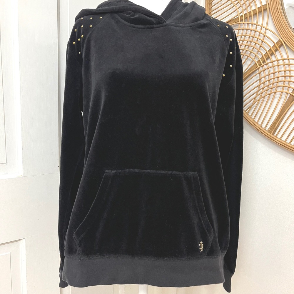 Juicy Couture VTG Y2K Sz M Black Velour Hoodie Studded Shoulders Kangaroo Pocket